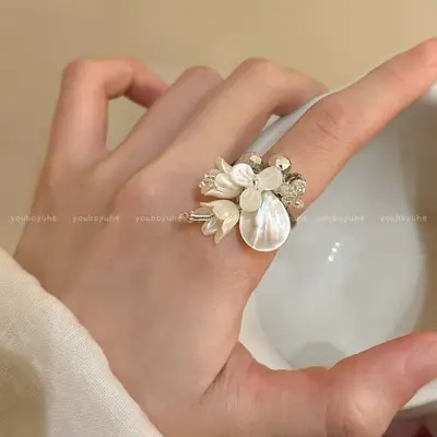 复古银色镂空蕾丝冰透鸽子蛋戒指新中式清冷感创意设计感百搭指环 - 12