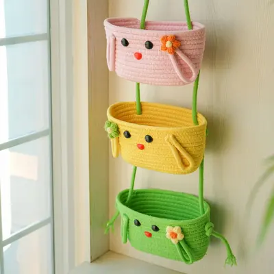 Cartoon Woven Wall-Mounted Three-Layer Hanging Storage Basket