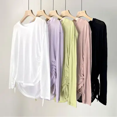 Tencel Ribbed Women's Long-Sleeve Yoga Running Top, Drawstring Loose Fit