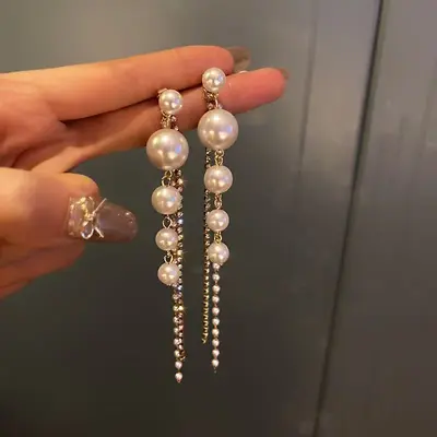 Diamond Pearl Long Tassel Earrings, Lightweight Luxury Earrings, Elegant and Personalized Temperament, Internet Celebrity Earrings for Women, Cross-border Wholesale Trend
