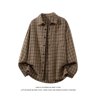 Men's Loose Retro Plaid Long-Sleeve Shirt, Japanese Style, Plus Size