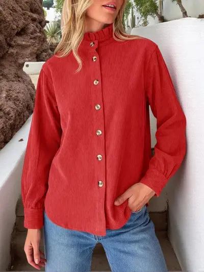 Damen-Cordhemd-Jacke in Uni mit Volantkragen - 11