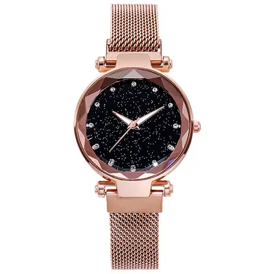 Starry Sky Diamond Patterned Women's Watch Fashion Round Dial Rose Gold Milan Magnetic Mesh Band Light Luxury Women's Watch Wholesale