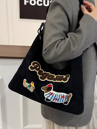 Suede Dachshund Appliqué Retro Preppy Single-Shoulder Bag for Women - 2