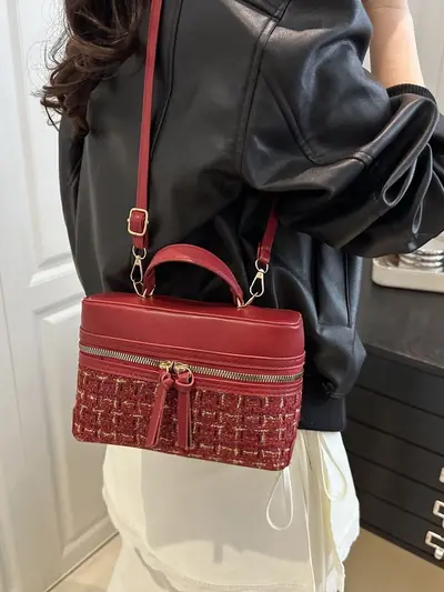 Mini Box Handbag with Wool Fabric and Chain Strap for Women - 3