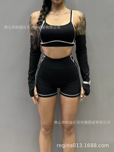 Women's Long Sleeve Yoga Top with High-Waist Sports Shorts, High Elasticity