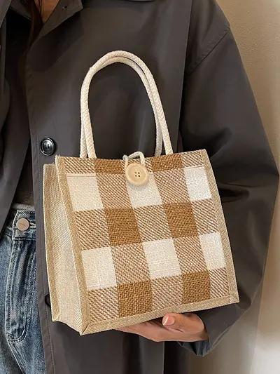 Kadın jüt kumaş el çantası, retro keten alışveriş çantası - 2