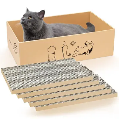 Rectangular Cat House Box Set with Corrugated Cardboard Scratcher and 5 Scratching Pads - 3