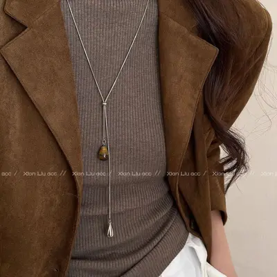 Tiger's eye water drop pull-through necklace, long design, women's accessory - 3