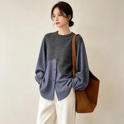 Korean-Style Retro Knit Plaid Faux Two-Piece Shirt, Plus Size