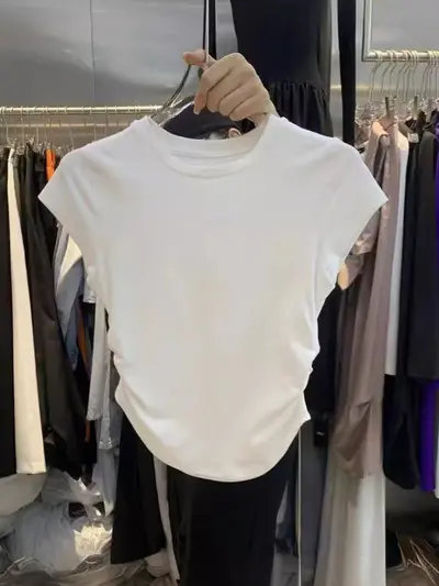 Trendy sexy girl pure desire waist wrap short sleeve t-shirt for women, summer new solid color sweater slim fit short top for women.