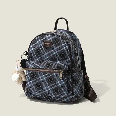 2026 Blue Plaid Star Print Backpack, Campus Style Schoolbag - 3