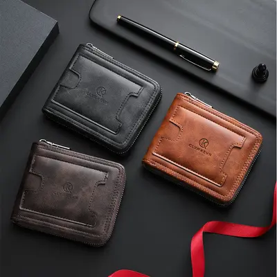 Men's Zipper Short Bifold Wallet with Multi-Function Card Holder