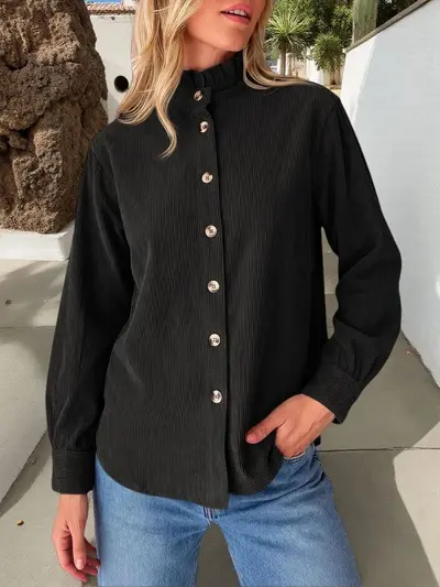 Damen-Cordhemd-Jacke in Uni mit Volantkragen - 12