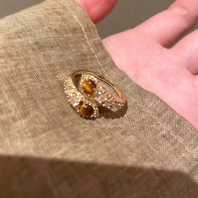 Tiger's Eye Stone Zircon Ring for Women - 7