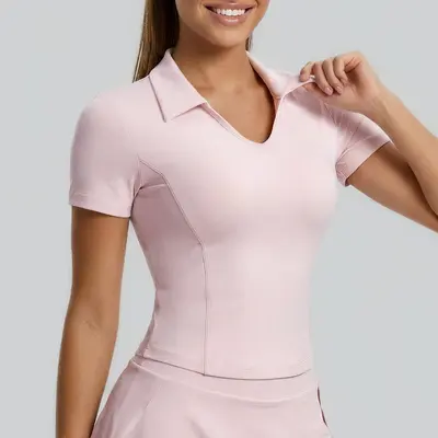 聚衣堂新款翻领运动短袖修身显瘦瑜伽服纯色T恤上衣女 - 9
