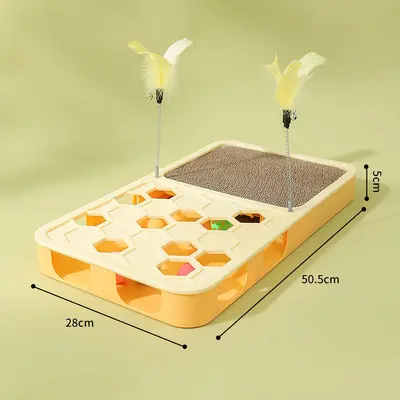 Cat Treat Puzzle Feeder Game Plate with Teaser Wand and Scratch Pad