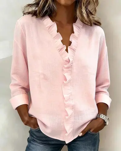 Women's Ruffled Edge Long Sleeve Cotton Shirt, Spring Style - 9