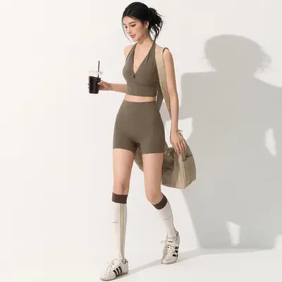 Women's Yoga Set with Thin-Strap Vest and High-Waist Fitness Shorts - 11