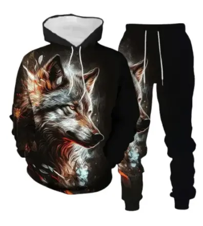Men's Animal Print Hooded Sweatshirt Set, Spring Autumn, European Style - 7