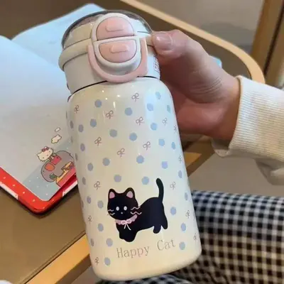 Kedi Desenli 316 Paslanmaz Çelik Termos Bardak Çocuk Pipetli Çift İçecekli Su Şişesi - 7