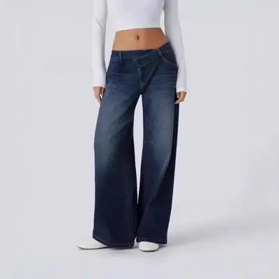 Kadın Denim Bol Paça Pantolon Retro Gevşek Kesim Yüksek Bel