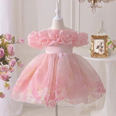 Mädchen One-Shoulder Prinzessinnenkleid aus rosa Tüll, Blumenmädchen - 7
