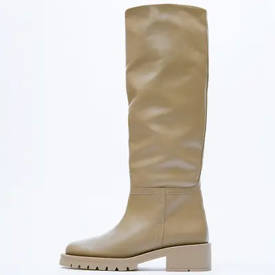 Women's Full Cowhide Knee-High Boots, Mid Heel, Round Toe, Plus Size - 10