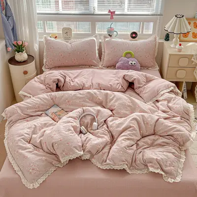 Class A wrinkled gauze double-layer cotton lace four-piece set, single/double bedding, bed sheet, fitted sheet, single piece dropshipping. - 13