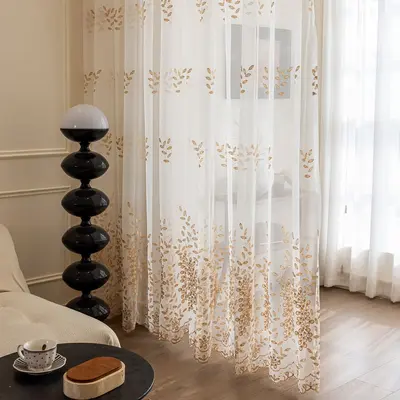 Modern Minimalist Leaf Embroidered Sheer Curtain, Ready-Made Window Curtain - 7