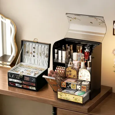 Desktop cosmetics storage box, multi-layer, large capacity, vintage