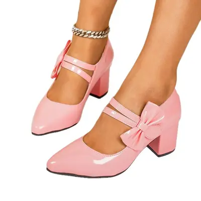 2026 Spring New Arrival Foreign Trade Plus Size Women's Chunky Heel High Heels European and American Style Pointed Toe Lightweight Comfortable Bow Knot