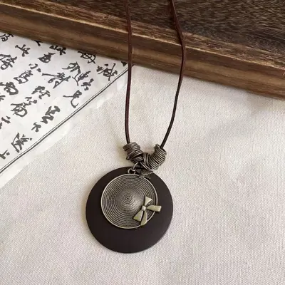 Chinese zen wooden pendant necklace long style