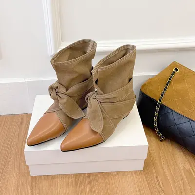 6cm Heel Women's Patchwork Bow Short Boots, Pointed-Toe Riding Boots - 10