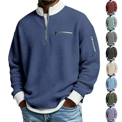 Cross-Border American Amazon Bestseller Stehkragen Kontrastfarben Reißverschluss Kapuzenpullover Herren Sport Fashion Langarm Casual Herrenbekleidung
