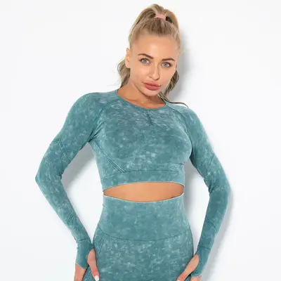 Kadın Dikişsiz Örme Spor Üstü, Dar Kesim Hızlı Kuruyan Uzun Kollu Fitness Kıyafeti - 12
