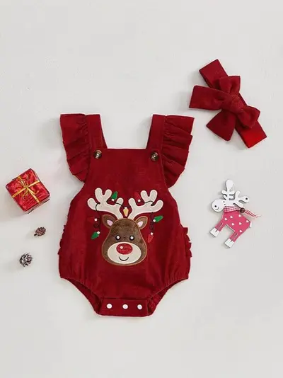 Bebek ve küçük çocuk Noel tulumu, nakışlı geyik desenli, kol kanatlı üçgen tulum