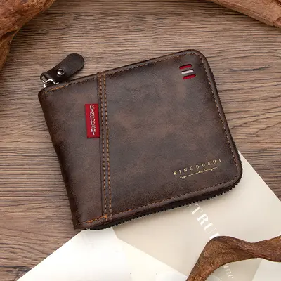 Erkek Kısa Cüzdan, Yağlı Deri Patchwork, Çoklu Kart Gözü, Fermuarlı Bozuk Para Bölmesi - 8