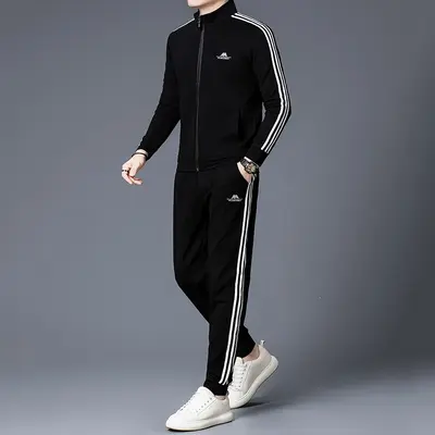 Erkek Bahar Sonbahar Casual Spor Eşofman Takımı, Dik Yaka Ceket ve Uzun Pantolon İkili Tak