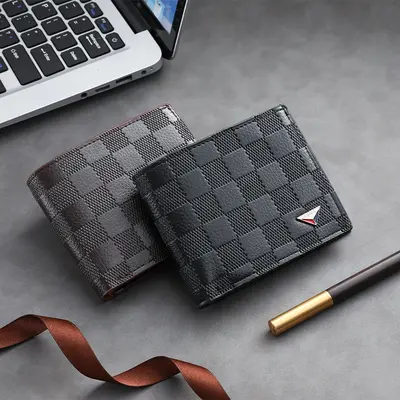 Men's Slim Short Wallet, PU Leather, Modern Business Style