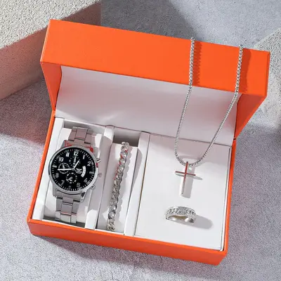 Men's 4-piece silver jewelry set with watch, bracelet, necklace, ring