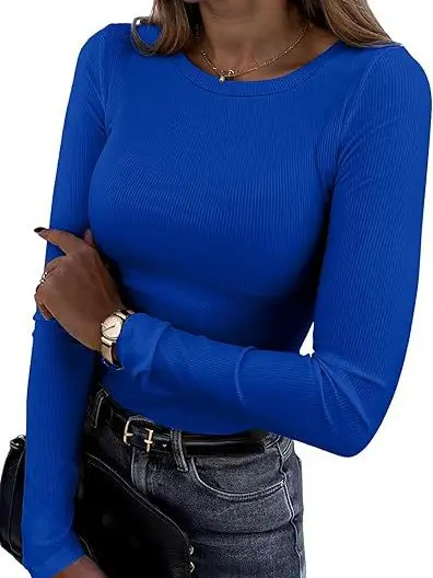 Women's Long Sleeve Slim Ribbed Basic T-Shirt, Round Neck, Elastic