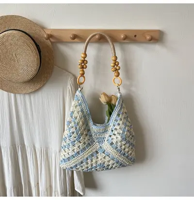 2026 Model Woven Straw Bag with Wooden Beads, Single Shoulder, Large Capacity - 11