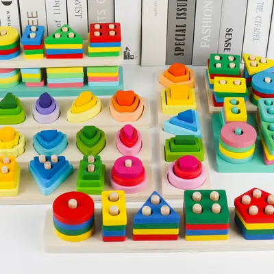 Wooden Educational Geometric Shape Matching Toy, Four and Five Post Sets - 2