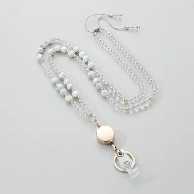 Retractable ID Card Lanyard with Natural Stone Crystal Long Necklace - 8