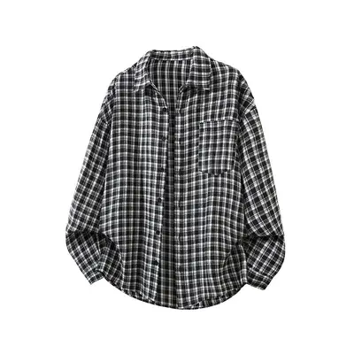 Men's Loose Retro Plaid Long-Sleeve Shirt, Japanese Style, Plus Size
