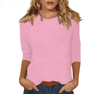 2026 grenzüberschreitend Amazon neue Damen Rundhals T-Shirt, 3/4 Ärmel und einfarbiger Oberteil - 11
