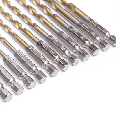 13-Piece Titanium-Coated Twist Drill Bit Set, 1.5-6.5 mm, Hex Shank