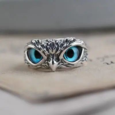 Kreativer süßer Eulenring für Frauen, Glücksbringer Schmuck für Männer, Vintage-Stil, nicht verblassendes 925er Silberschmuck, grenzüberschreitender Großhandelsverkauf. - 7