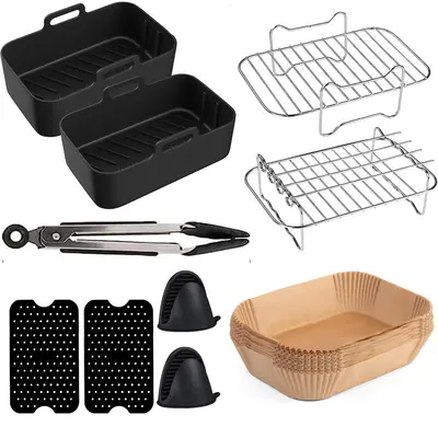 Air Fryer Accessory Set with Rectangular Grill Pan and Double Pot - 1
